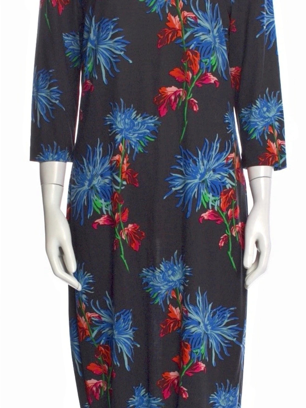 Diane von Furstenberg Silk Midi Floral Dress Black & Blue Like New SZ L